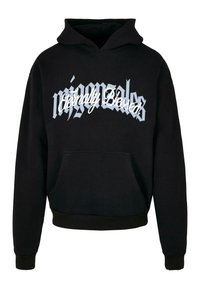 Sort hætte trøje med en frontlomme, prydet med fed hvide og lyseblå tekst "Eternally Blessed" i en grafisk stil. Blød stoftekstur.