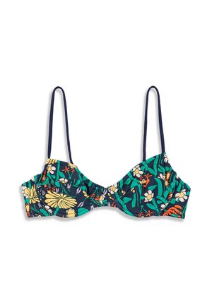 Haut de bikini à imprimé floral avec des fleurs vertes, jaunes, orange et blanches sur un fond bleu foncé et des bretelles fines bleu foncé.