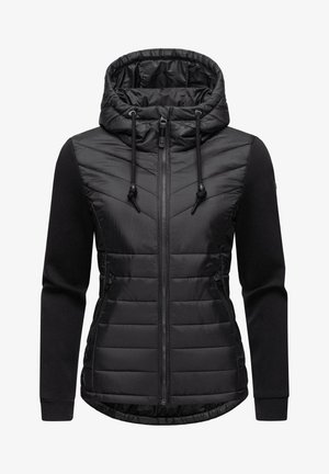Zwarte hoodiejack met een gequiltte voorkant en gladde mouwen. Voorzien van een volledige ritssluiting en een capuchon met trekkoord, eenvoudig design en zachte textuur.
