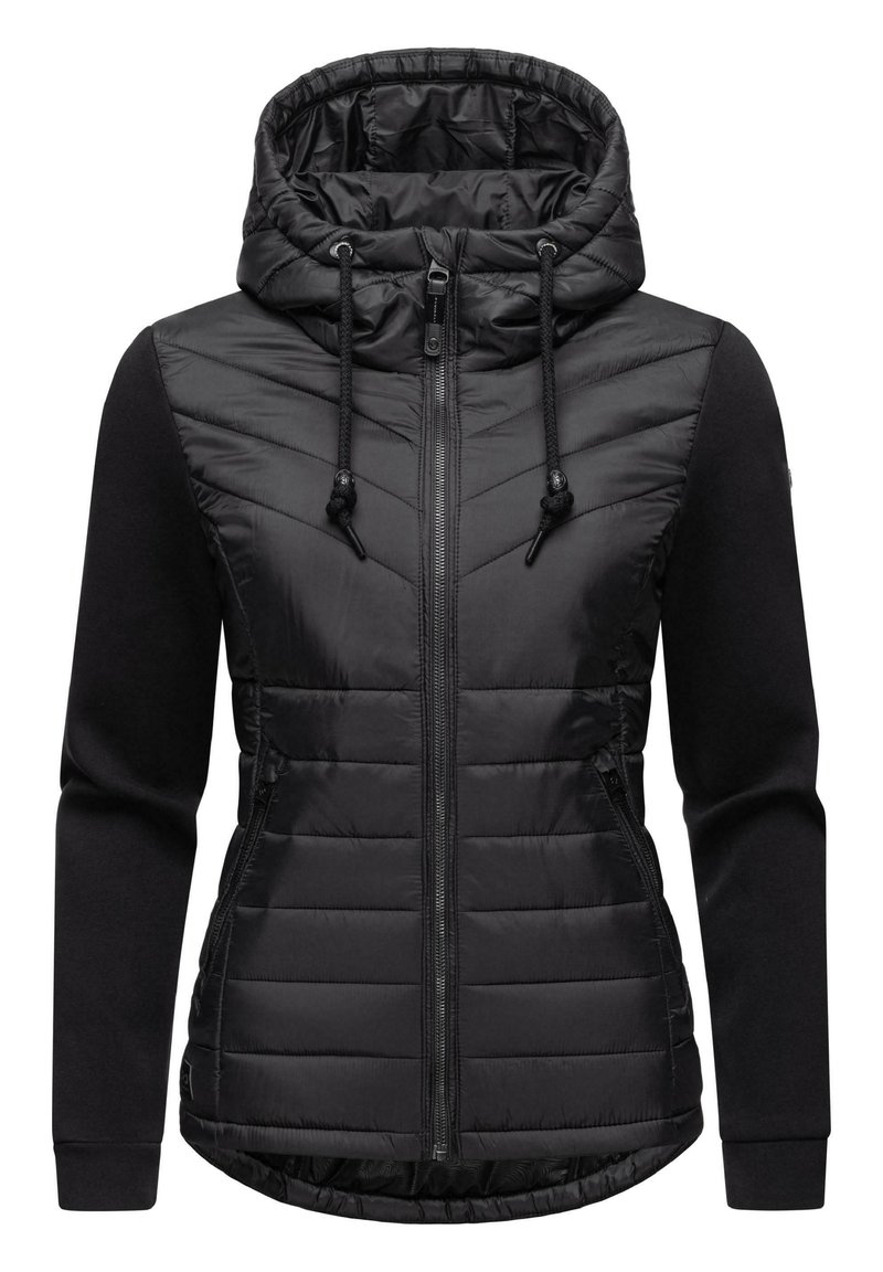 Giacca nera con cappuccio, con un davanti trapuntato e maniche lisce. Presenta una cerniera completa e un cappuccio con cordino, design semplice e texture morbida.