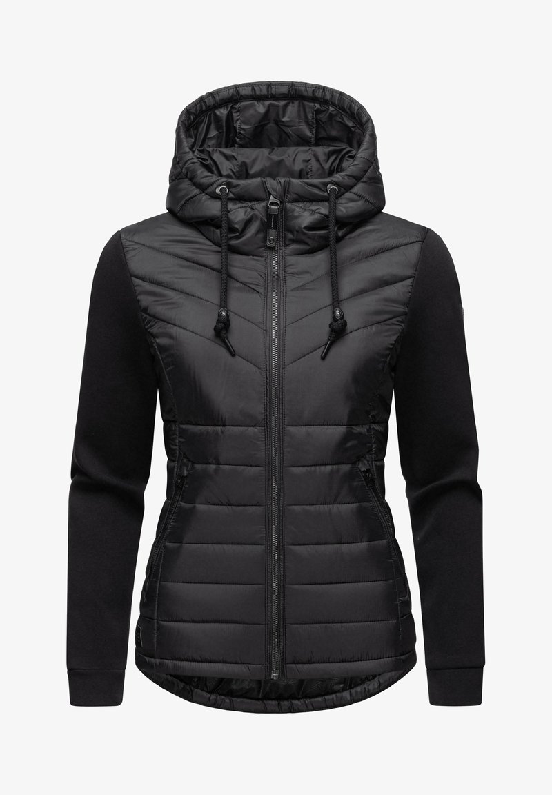 Svart hettejakke med quiltet front og glatte ermer. Den har full glidelås og justerbar hette, enkel design og myk tekstur.