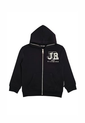 Felpa nera con zip frontale, tasche frontali, cappuccio attaccato e logo "JB John Richmond" sul petto a sinistra.