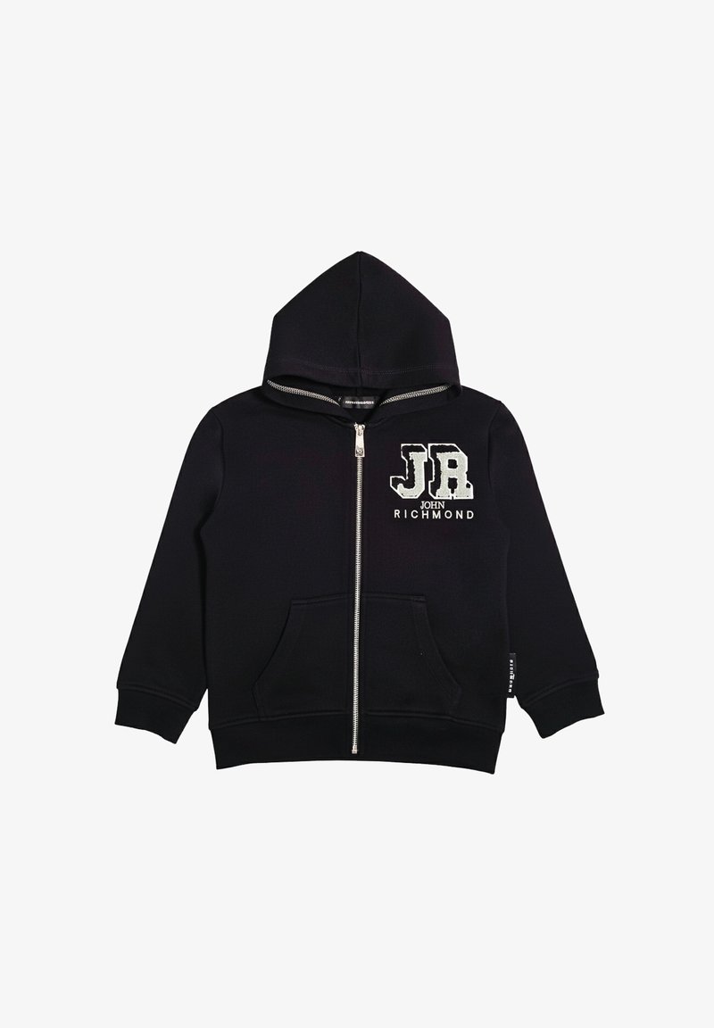 Felpa nera con zip frontale, tasche frontali, cappuccio attaccato e logo "JB John Richmond" sul petto a sinistra.