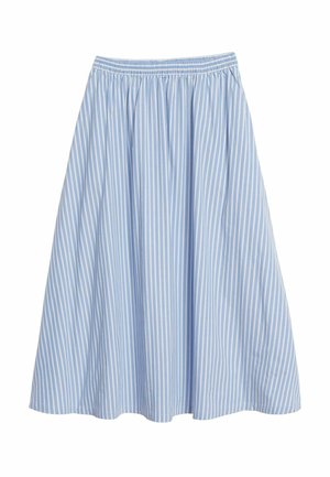 Jupe midi rayée verticale bleu clair et blanc avec taille élastique et plis froncés pour une coupe décontractée.