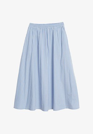 Jupe midi rayée verticale bleu clair et blanc avec taille élastique et plis froncés pour une coupe décontractée.