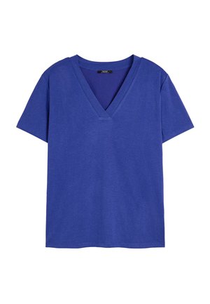 Koszulka z dekoltem w serek w jednolitym, królewskim odcieniu niebieskiego, krótki rękaw, wykonana z miękkiego materiału o luźnym kroju i czystym wykończeniu. Brak wzorów lub akcentów.