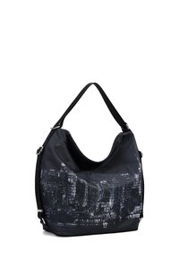Borsa hobo nera con un distintivo motivo testuale urbano in grigio. Tessuto morbido e liscio. Tracolla singola e chiusura con zip.