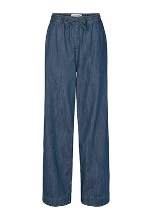 Farkku leveälahkeiset housut, joissa on joustava vyötärö ja säädettävä naru. Tumanssininen kangas pehmeällä tekstuurilla ja huolitellut reunat.