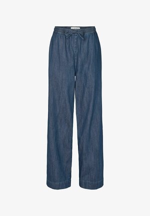 Farkku leveälahkeiset housut, joissa on joustava vyötärö ja säädettävä naru. Tumanssininen kangas pehmeällä tekstuurilla ja huolitellut reunat.