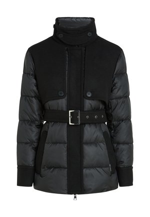 Black puffer jacket with a wool upper, high collar, double buttons, and a belted waist. Features quilted texture and side pockets.