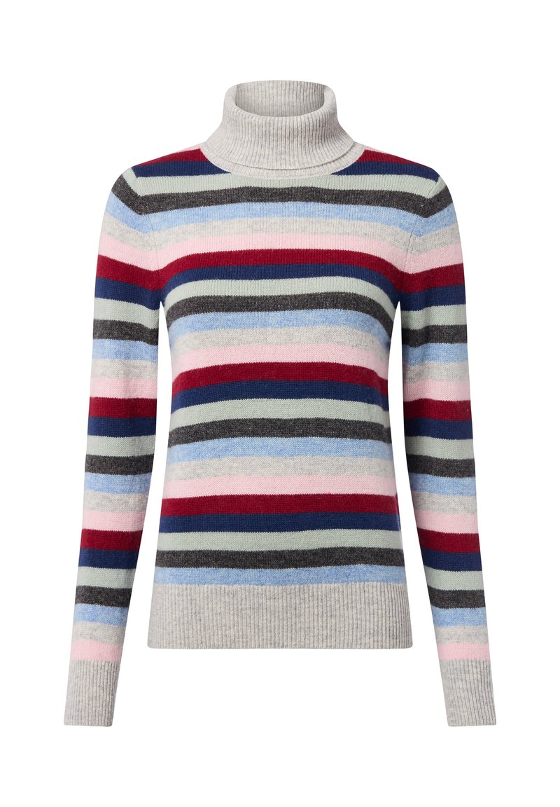 Pull à col roulé rayé avec des couleurs marine, rouge, gris, rose et bleu clair. Fabriqué en maille douce avec un col et des poignets côtelés.