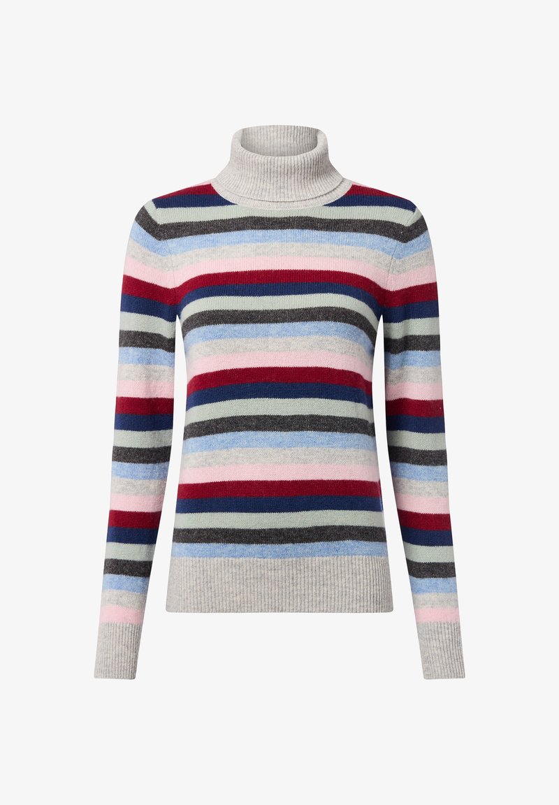 Pull à col roulé rayé avec des couleurs marine, rouge, gris, rose et bleu clair. Fabriqué en maille douce avec un col et des poignets côtelés.