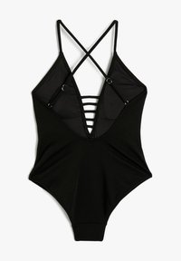 Maillot de bain une pièce noir avec un décolleté en V profond, des bretelles croisées, un dos lacé, et une texture de tissu lisse.