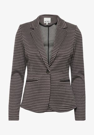 Checked blazer in brown and white tones, featuring a single button closure, notched lapels, and two front pockets. Tailored fit.