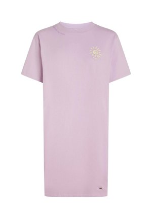 Lichtpaarse katoenen t-shirt met een ronde hals, korte mouwen en een zonnenafbeelding in geel op de linkerborst. Label aan de zoom.