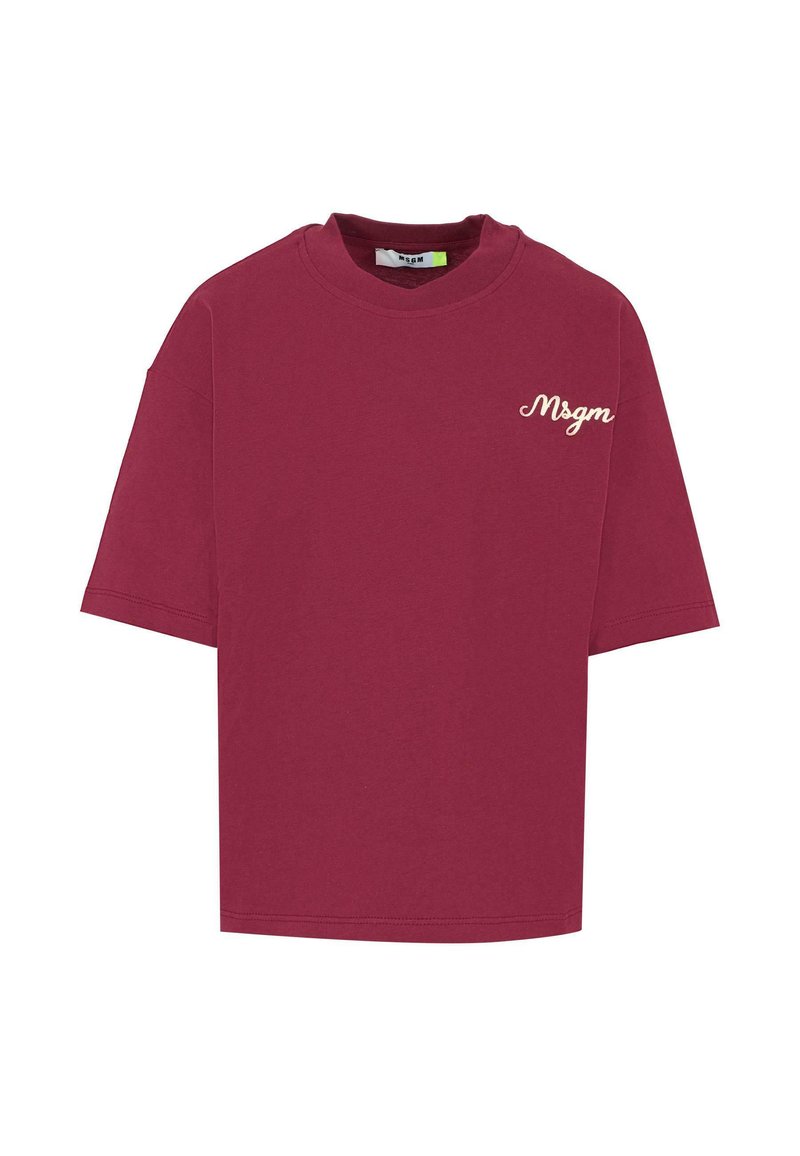 Bordeaux katoenen T-shirt met een ronde hals, korte mouwen en een wit logo op de linker borst. Regular fit, gladde textuur.
