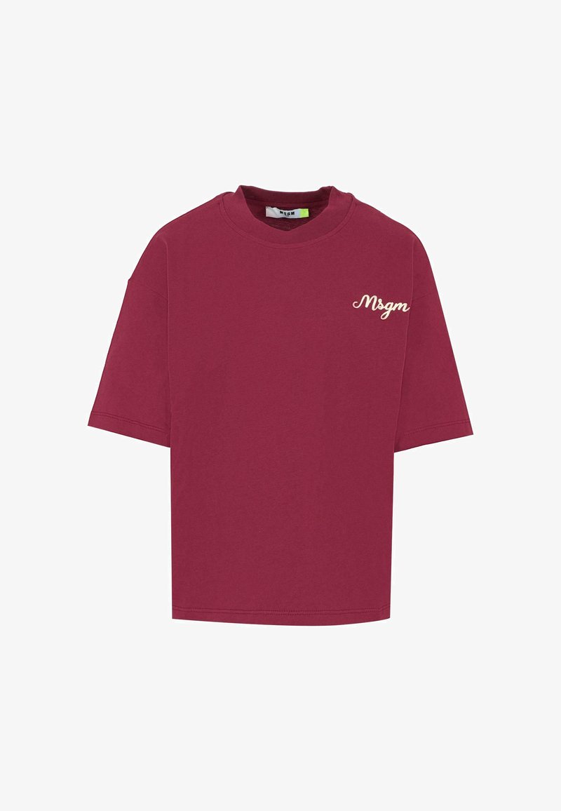 Bordeaux katoenen T-shirt met een ronde hals, korte mouwen en een wit logo op de linker borst. Regular fit, gladde textuur.