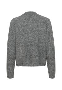 Sivý pletený sveter, okrúhly výstrih, dlhé rukávy, skrátený strih, jemná štruktúra s jemným melírom, rebrované manžety a spodný lem.