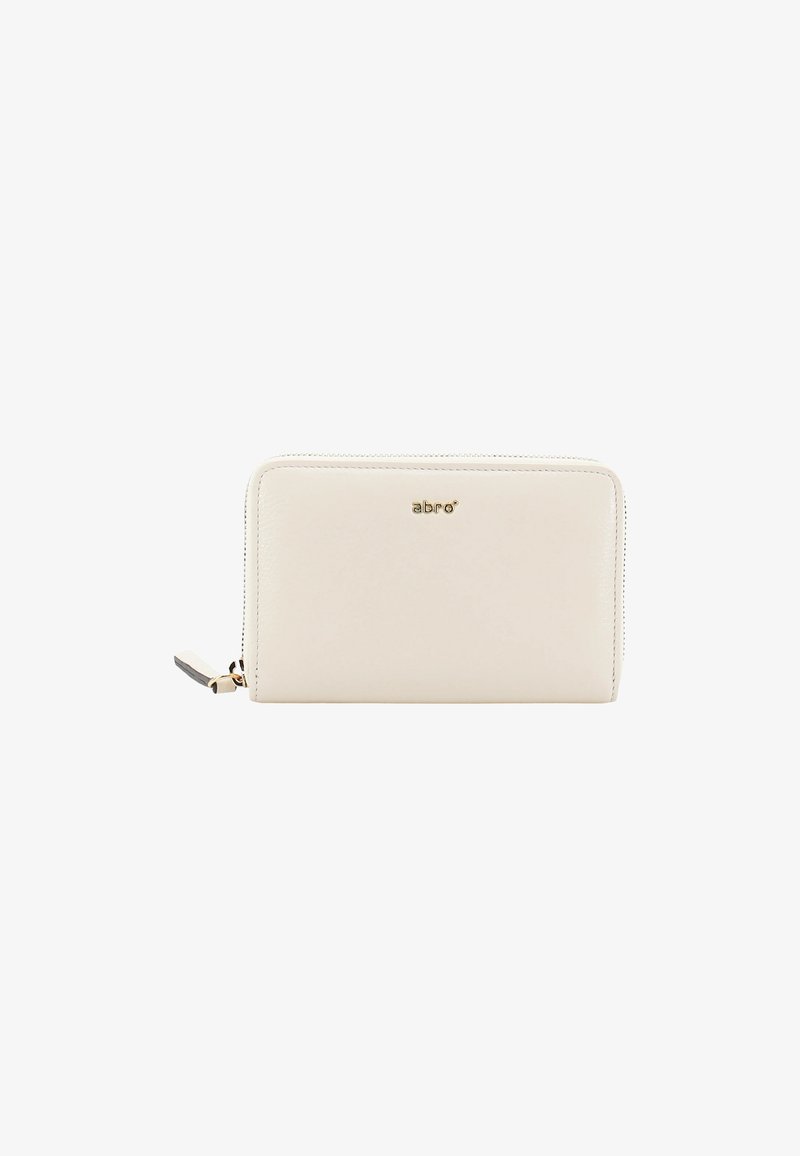 Cream-colored leather wallet with a smooth texture, zip closure, and subtle gold-tone branding on the front. Compact rectangular shape.
