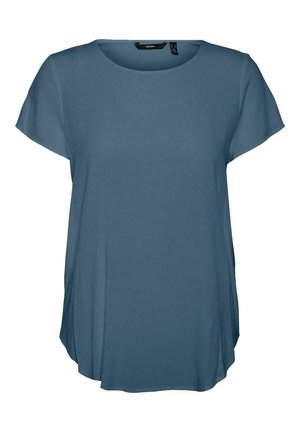 Blouse bleue à manches courtes avec encolure ronde et coupe ample, en tissu léger, présentée sur fond blanc.