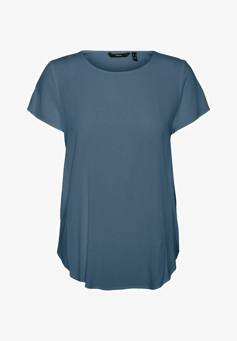 Blouse bleue à manches courtes avec encolure ronde et coupe ample, en tissu léger, présentée sur fond blanc.