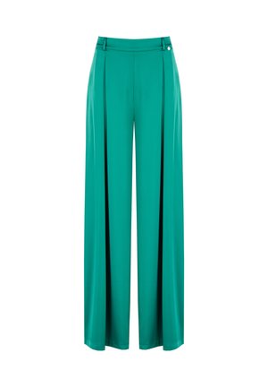 Pantaloni a gamba larga in tessuto teal vivace, con pieghe frontali, una texture liscia e un sottile dettaglio con bottone in vita.