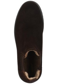 Braunes Wildleder-Stiefelette mit elastischen Seiteneinsätzen, abgerundeter Zehenpartie, weicher Innenausstattung und einer flachen, strukturierten Gummisohle.