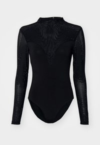 Musta pitkähiha bodysuit, jossa on läpinäkyvä verkko-osa ja hihoja, joita koristavat pienet mustat strassit.