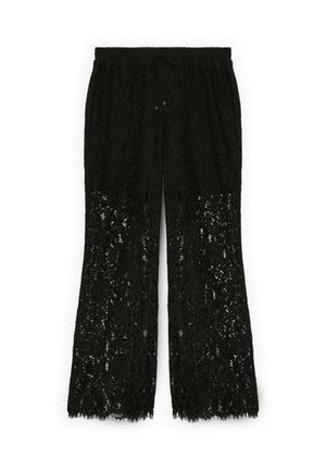 Pantaloni in pizzo nero con una vestibilità ampia, caratterizzati da un motivo floreale, una vita elastica e un fondo leggermente svasato con bordi ondulati.