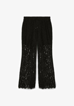 Pantalones de encaje negro de corte holgado, con un patrón floral, cintura elástica y un fondo ligeramente acampanado con bordes en forma de escollera.