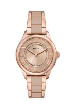 Montre-bracelet en or rose avec chiffres romains, cadran rond, guichet de date à 6 heures, trois aiguilles et bracelet à maillons métalliques.