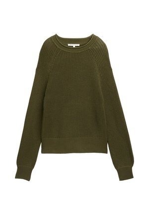 Olivengrüner Strickpullover mit strukturiertem Muster, Raglanärmeln und Rundhalsausschnitt. Verfügt über gerippte Bündchen und Saum.