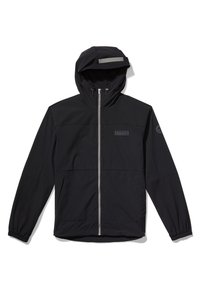 Musta takki hupparilla, jossa on vetoketjullinen etuosa, elastiset hihansuut ja heijastinraita hupussa; sileä kangas, minimalistinen muotoilu.