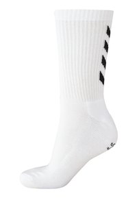 Calcetín deportivo blanco con textura acanalada, que presenta franjas negras en el lateral y un talón reforzado. Hecho de material elástico y transpirable.