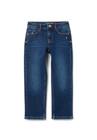 Jeans de mezclilla azul oscuro con un diseño de pierna recta, que cuentan con cinco bolsillos y costuras visibles en la cintura y los dobladillos.