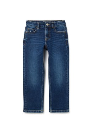 Dunkelblaue Denim-Jeans mit geradem Bein, fünf Taschen und sichtbaren Nähakzenten am Bund und an den Säumen.