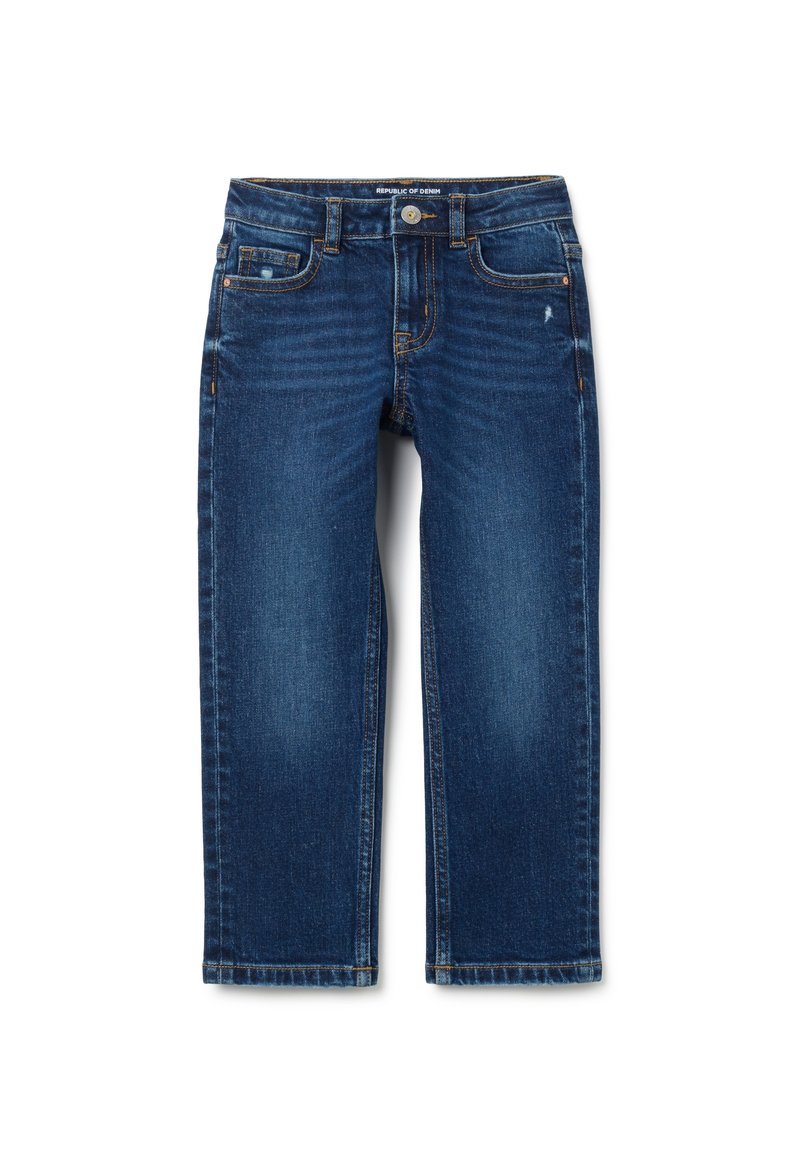 Jeans de mezclilla azul oscuro con un diseño de pierna recta, que cuentan con cinco bolsillos y costuras visibles en la cintura y los dobladillos.