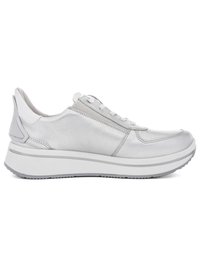 White low-top sneaker with thick sole, textured leather, and lace-up front viewed from the side on a white background.