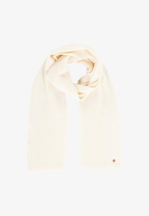 Weißer gestrickter Schal mit weicher Textur, rechteckiger Form, abgerundeten Enden und einem kleinen metallischen Logo-Highlight.