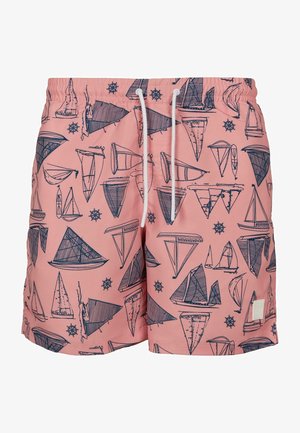 Pantaloni de baie roz cu un imprimeu nautic cu veliere în albastru închis, prevăzuți cu un brâu elastic și un șnur alb. Concepuți pentru activități acvatice.