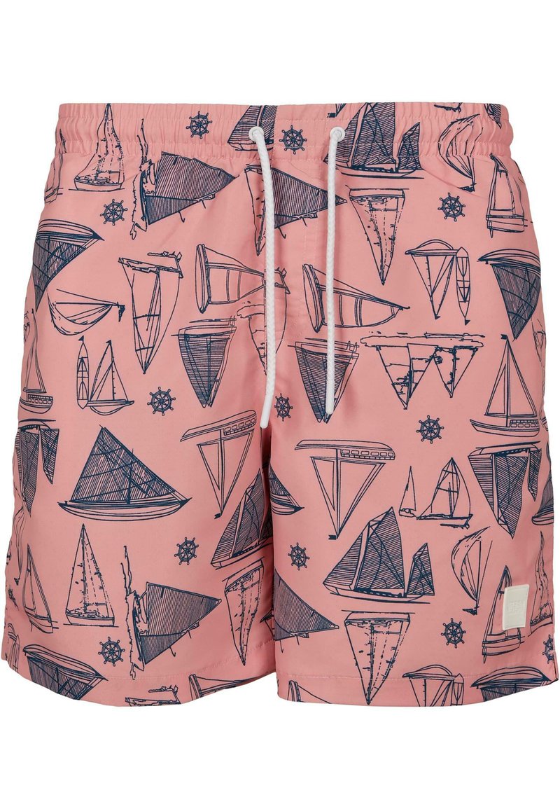 Rosa Badeshorts mit maritimem Segelboot-Print in Marineblau, ausgestattet mit einem elastischen Bund und weißen Kordeln. Entworfen für Wasseraktivitäten.