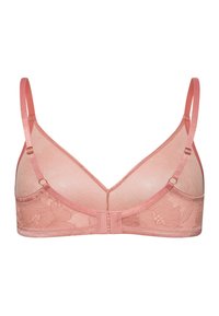  pitsit bralette vaaleanpunaisena, jossa on säädettävät satiininauhat, kukkakuosi ja herkkä hakasilka takana.