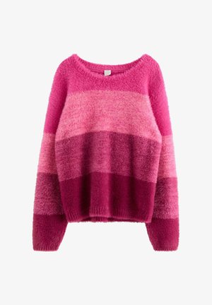 Long-sleeve fuzzy sweater with horizontal stripes in shades of pink, featuring a wide round neckline and a relaxed fit.