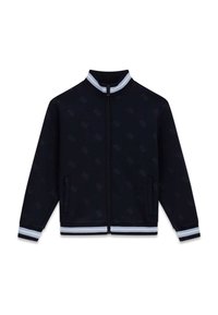Veste zippée bleu marine en tissu doux, avec un motif subtil, un col montant et des poignets et ourlet côtelés à rayures. Deux poches latérales incluses.