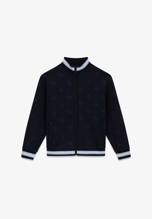 Marineblaue Jacke mit Reißverschluss aus weichem Stoff, mit einem dezenten Muster, hohem Kragen sowie gestreiften, gerippten Bündchen und Saum. Zwei Seitentaschen sind vorhanden.