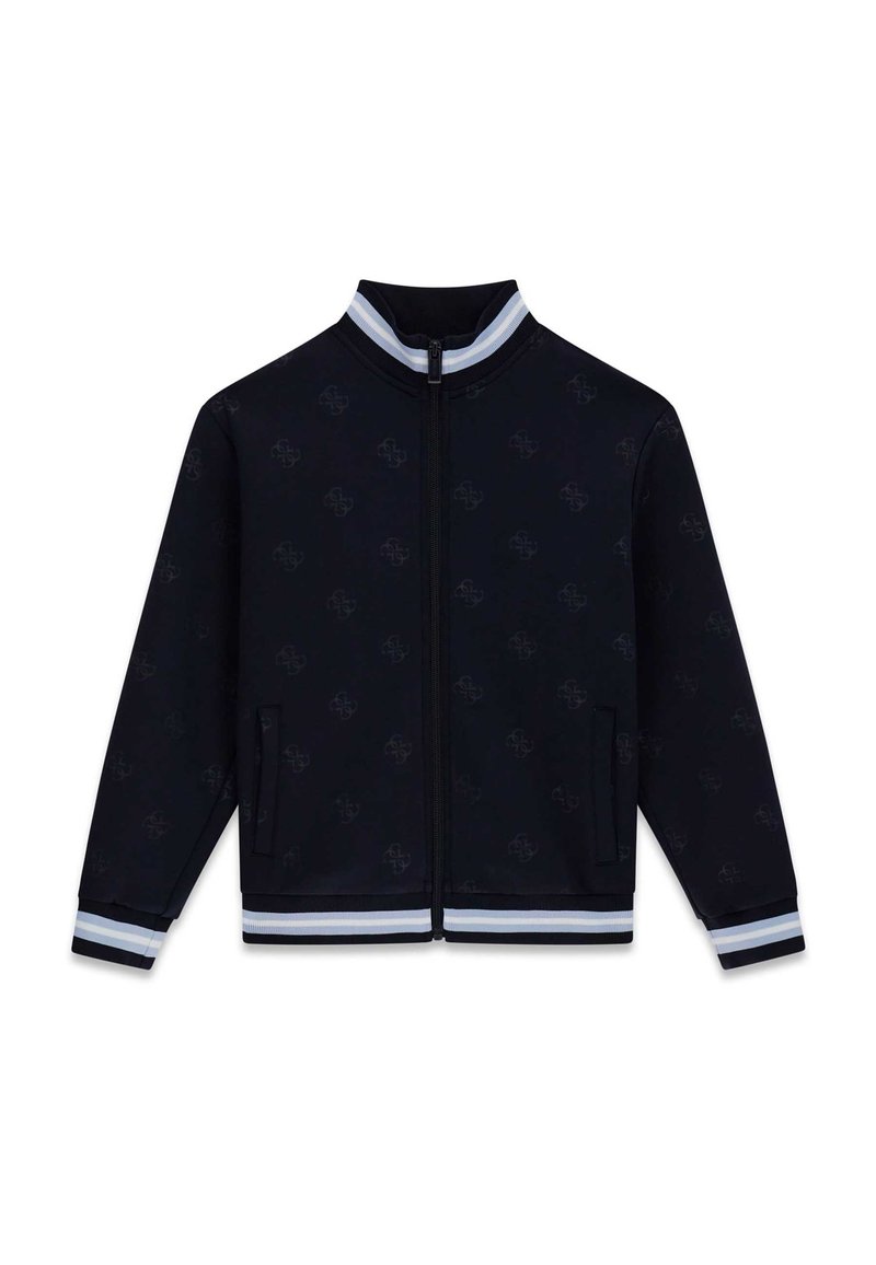 Veste zippée bleu marine en tissu doux, avec un motif subtil, un col montant et des poignets et ourlet côtelés à rayures. Deux poches latérales incluses.