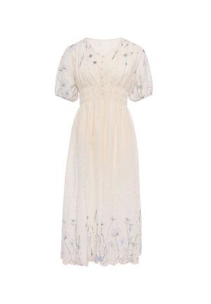 Vestito midi color crema con maniche a sbuffo, vita arricciata, stampa floreale vicino all’orlo e sulle maniche e bottoni sul petto.