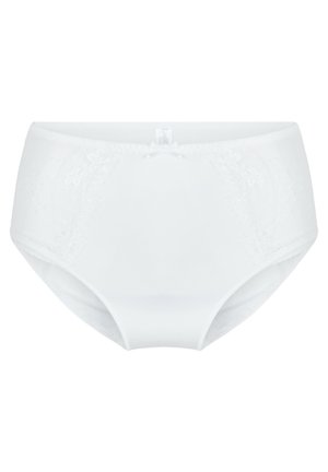 Sous-vêtements blancs avec des accents en dentelle sur les côtés, tissu doux, design taille haute et un petit nœud au centre devant.