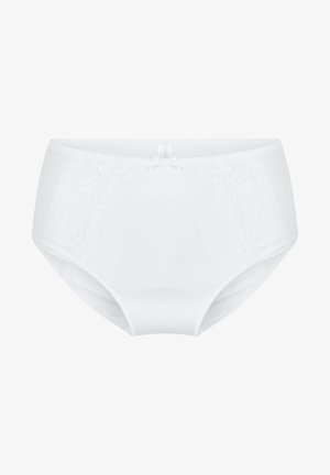 White underwear with lace accents on the sides, soft fabric, high-waisted design, and a small bow detail at the front center.