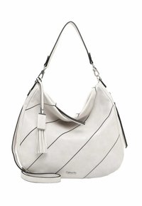 Vit läder hobo-väska med diagonala svarta ränder, en mjuk textur, en avtagbar tofs och en silverfärgad logotagg. Justerbar axelrem ingår.